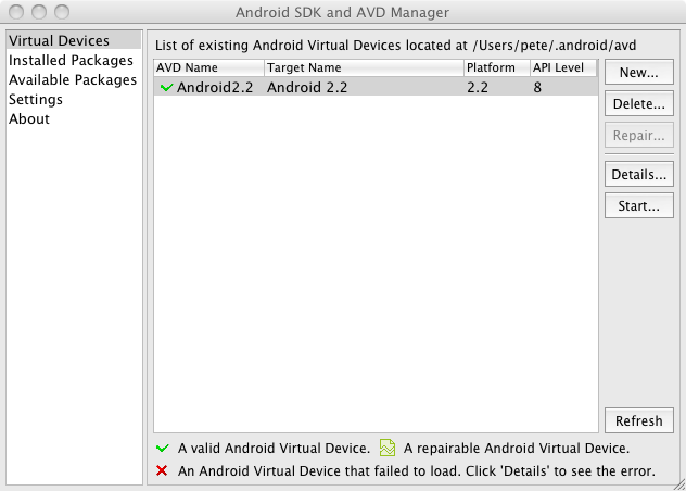 android virtual devices listing
