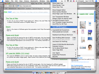 safari rss debug menu